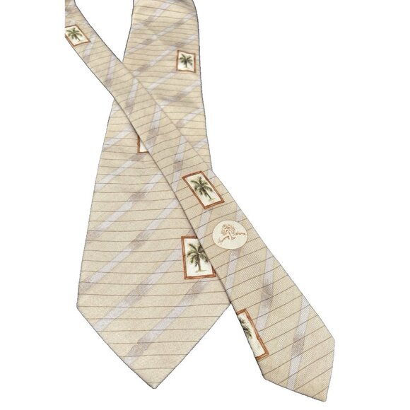 TOMMY BAHAMA Tie Men's 100% Silk Brown Green Strips Palm Trees Windy GUC - Picture 3 of 9